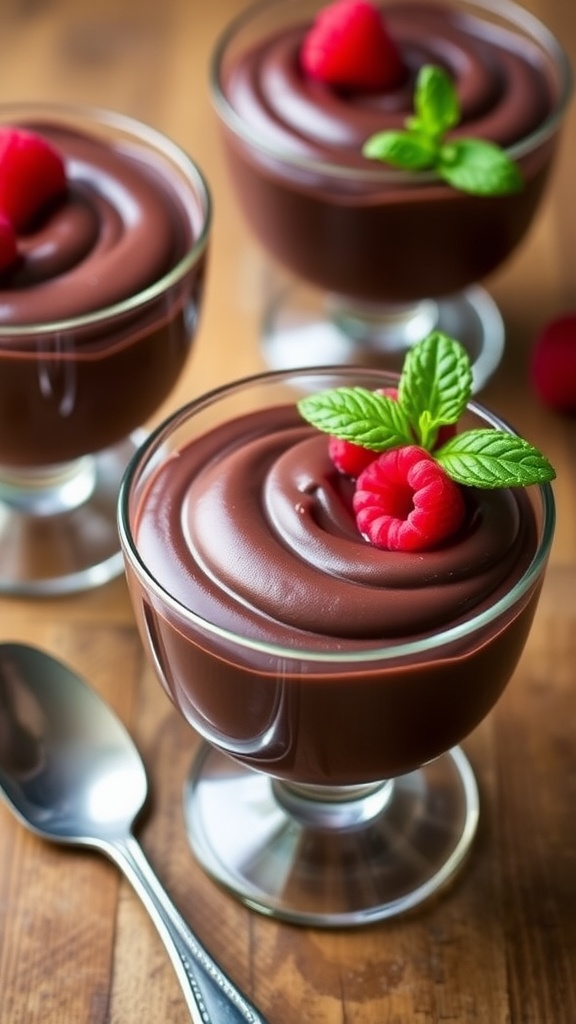 Decadent 2-Ingredient Vegan Chocolate Mousse Vegan chocolate mousse in a cup, topped with raspberries and mint leaves.